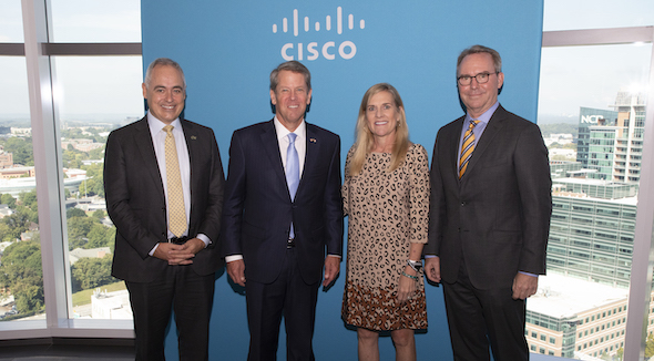 From left: President Ángel Cabrera joined Georgia Governor Brian Kemp; first lady Marty Kemp; and GT alumnus Scott Herren, Cisco's executive vice president and chief financial officer, to celebrate the announcement of the company's new technology and research hub in Tech Square's Coda building.